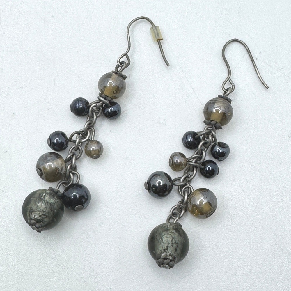 Handmade Beaded Gray Black Glass Bead Cluster Dangle Earrings Gunmetal Goth